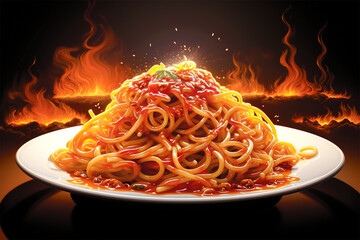 a plate of spicy noodle with fire backgrounda