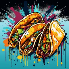 Poster vibrant pop art tacos executed in rich colors with dripping paint and graffiti elements © elementalicious