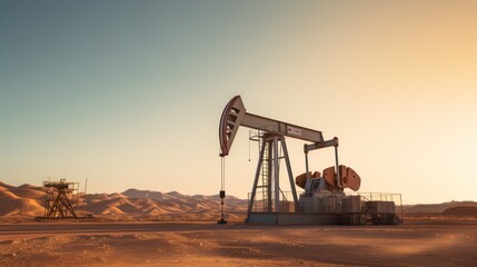 A Oil drilling machine in the desert, Industry, energy industry, gas station at sunset.
