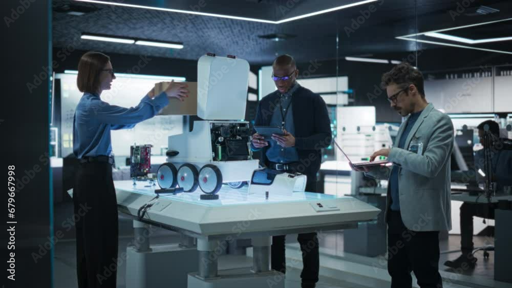 Leinwandbilder Team of Industrial Engineers Working on a Mobility Robot at a Startup Factory. Multiethnic Male and Female Scientists Discussing an Automated AI Robotic Delivery Machine in a Laboratory