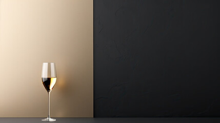 Glass of sparkling wine on a festive black with gold bokeh background 