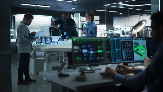 Team of Industrial Engineers Working on a Mobility Robot at a Startup Factory. Multiethnic Male and Female Scientists Discussing an Automated AI Robotic Delivery Machine in a Laboratory