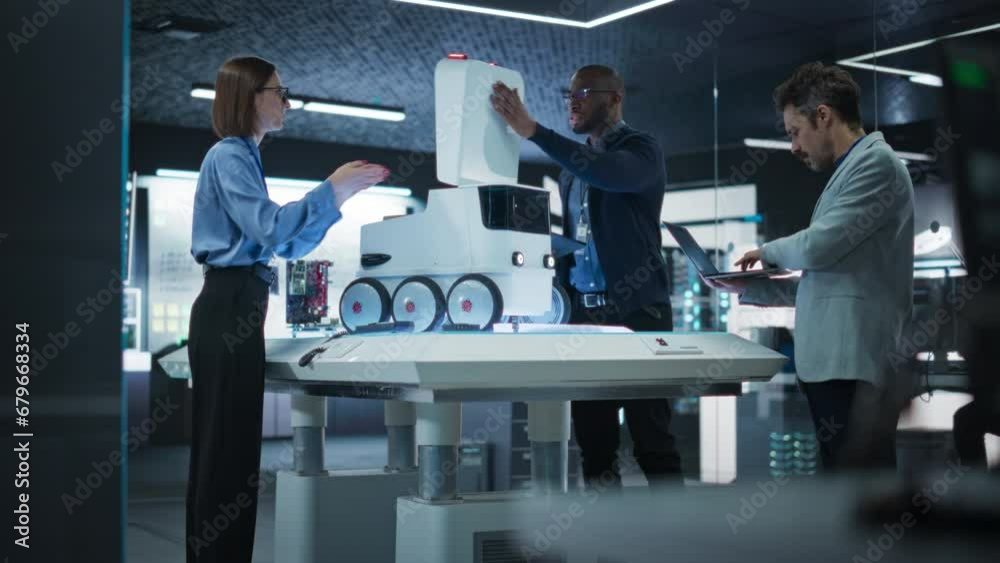 Poster Diverse Team of Industrial Specialists Working on Remotely Controlled Mobility Robot in a Research Facility. Engineer Testing the Parcel Compartment of the Delivery Machine with Self-Driving Autopilot