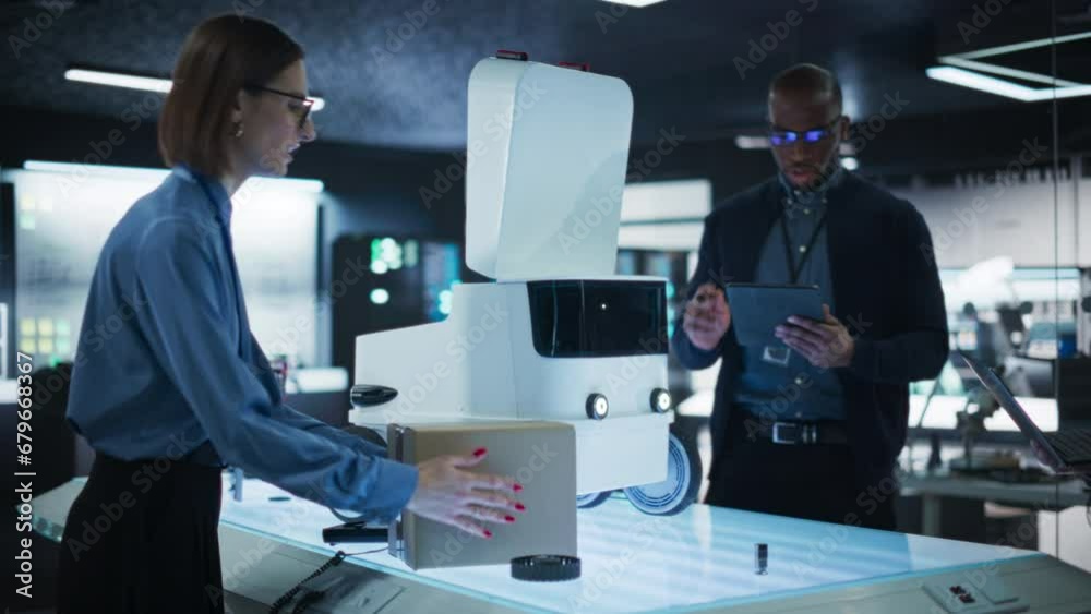 Aufkleber Diverse Team of Industrial Specialists Working on Remotely Controlled Mobility Robot in a Research Facility. Engineer Testing the Parcel Compartment of the Delivery Machine with Self-Driving Autopilot