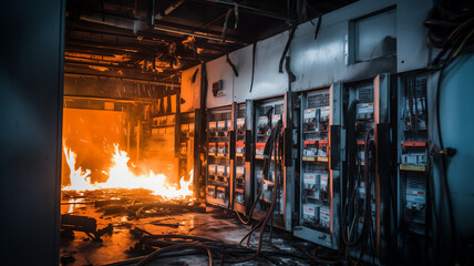 Industrial Electrical panel on fire, short circuit and junction cable box fire in house appartment or factory - obrazy, fototapety, plakaty