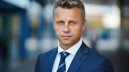 Fototapeta premium Handsome businessman in suit looking at camera while standing in the city.