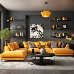 Vibrant and cheerful living room with a striking yellow sofa set as the focal point