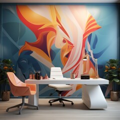Modern office space with a large phoenix-inspired art piece on the wall, adding a touch of mythological flair