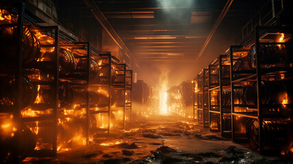 Burning Bitcoin farm in room. Mining cryptocurrency burn and data center supercomputer technology in fire.