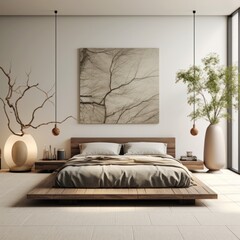 Contemporary bedroom displaying abstract tree artwork on the wall with a minimalist wooden bed and decor