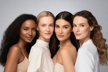 Obraz premium Multiethnic portrait of beautiful young women of different ages in studio. Concept beauty skin care