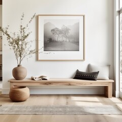 A chic alcove showcasing wall art of a misty landscape, complemented by bench and vase