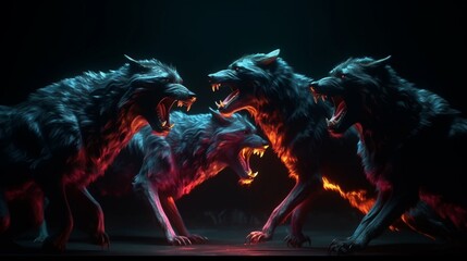 Wolves fighting their teeth howling angry dark background photography image AI generated pictures