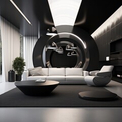 Sophisticated black and white themed living room with futuristic furniture and artistic hanging lights