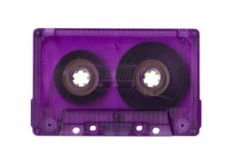 Vintage purple audio cassette tape isolated. Obsolete technology of audio recording and playback format audio cassette tapes, top view. 80s retro music background.