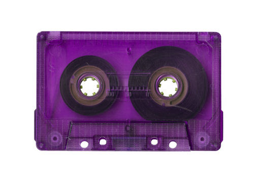 Vintage purple audio cassette tape isolated. Obsolete technology of audio recording and playback format audio cassette tapes, top view. 80s retro music background. - Powered by Adobe
