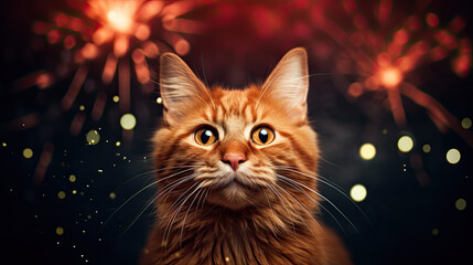 Obraz premium Red cat wearing a party hat, birthday party, birthday banner, copy space 