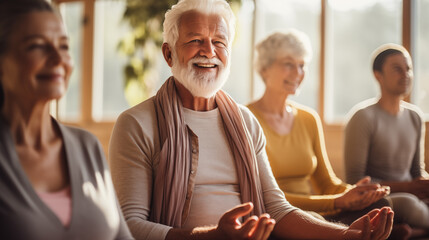 yoga class for older people. health care concept. beautiful pensioners doing yoga in a bright room