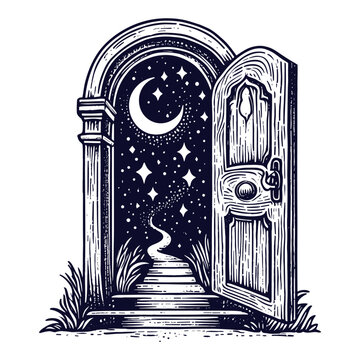 recommend clip art: magic open door with a moon and sparkles sketch
