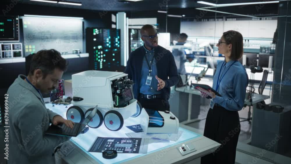 Poster Portrait of Team of Engineers Testing a Prototype for a Delivery Robot in a High-Tech Laboratory. Specialists Brainstorming and Discussing Possibilities for Improvement Using Laptop and Digital Tablet