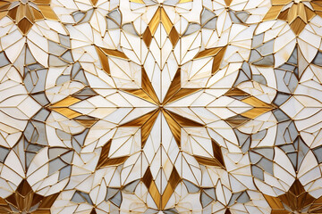 kaleidoscope shiny glass or stone mosaic pattern in white and gold colors for interior design Christmas vibes