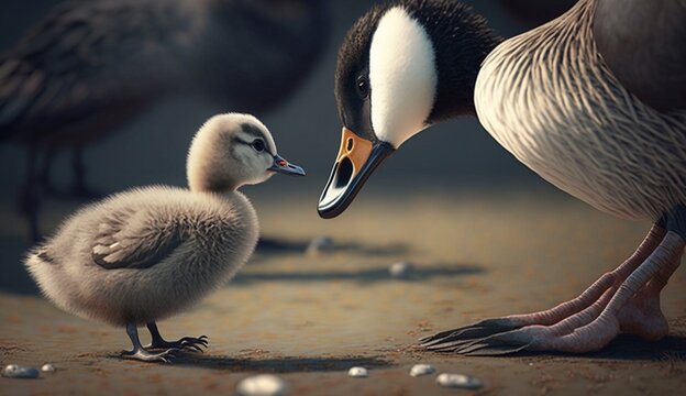 Goose bird and baby feeding realistic beautiful image Ai generated art