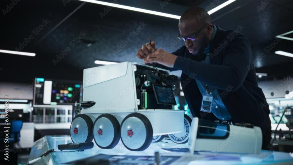 Poster Portrait of an African Engineer Using a Screwdriver While Developing a Remotely Controlled Delivery Robot. Black Specialist Working in High Tech Research Laboratory with Modern Equipment
