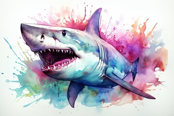 watercolor Shark Hungry shark illustration with splash watercolor textured background - obrazy, fototapety, plakaty