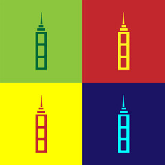 Pop art Skyscraper icon isolated on color background. Metropolis architecture panoramic landscape. Vector