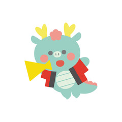 メガホンを持って法被を着た飛んでいる辰（龍）