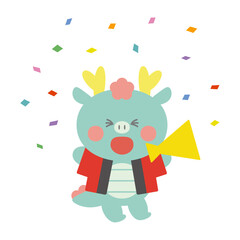 メガホンを持って法被を着た紙吹雪の中の辰（龍）