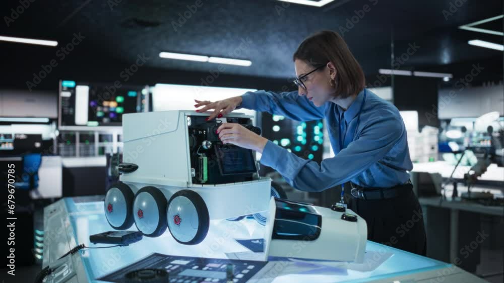 Poster Portrait of a Female Engineer Using a Laptop While Developing a Remotely Controlled Delivery Robot.Technical Specialist Working in High Tech Research Laboratory with Modern Equipment