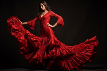 Young woman dancing flamenco on dark background in studio