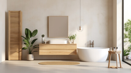 Minimalistic bathroom interior with plants in light colors. Bathing accessories and window. Design idea, style.