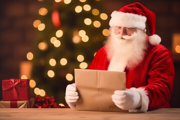 Portrait happy Santa Claus sitting on background Christmas tree and gifts and reading xmas letter mail or wish list from childs about dream