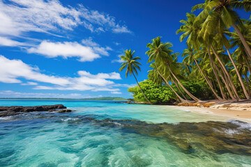 Tropical Beach with Palm Trees and Waves Crashing on the Shore