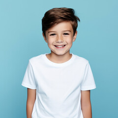 Cute smiling boy in plain white t shirt looking at camera in isolated studio light blue color background, ai technology