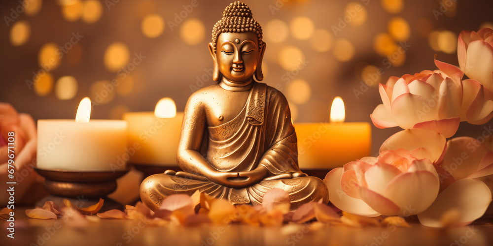 Wall mural buddha statue meditate with golden aura on yellow lotus background with light bokeh. banner vesak da