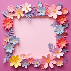 Fototapeta na wymiar Colorful paper spring flowers frame on pink background. Origami paper cut style spring flowers background
