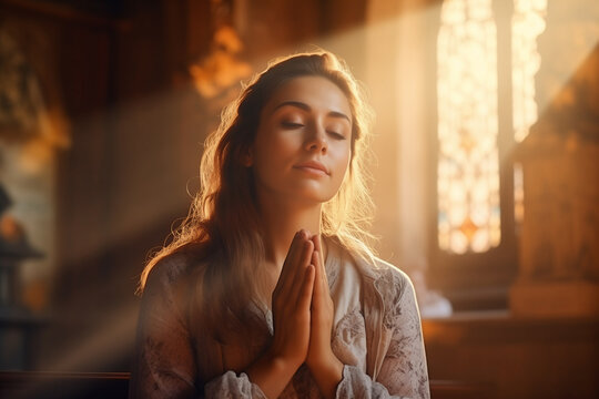 Young woman pray in church Christian life crisis prayer to god. Hands praying to god with bible on sunlight glare