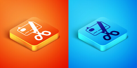 Isometric Scissors cutting a credit card icon isolated on orange and blue background. Online payment. Cash withdrawal. Financial operations. Shopping sign. Vector - obrazy, fototapety, plakaty