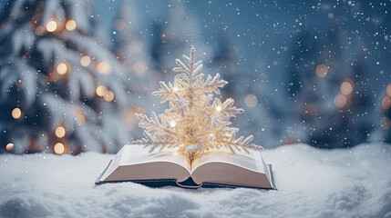 open book with small white Christmas tree