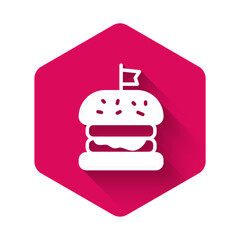 White Burger icon isolated with long shadow background. Hamburger icon. Cheeseburger sandwich sign. Fast food menu. Pink hexagon button. Vector