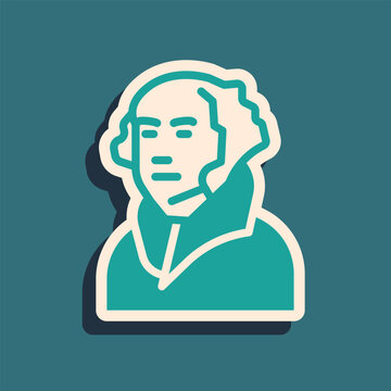 Green George Washington icon isolated on green background. Long shadow style. Vector