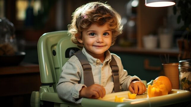 baby  seeting in child chair for eating the kitchen