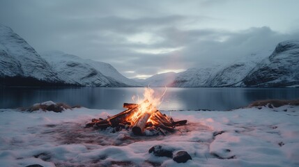 Generative AI, Burning bonfire, beautiful winter landscape, camping outdoor concept in neutral muted colors, tourist camp..