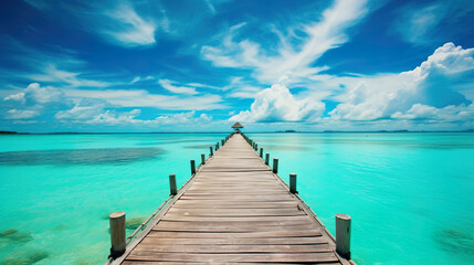 Obraz premium Wooden pier extending into the ocean, with a sunset on the horizon. Generative Ai