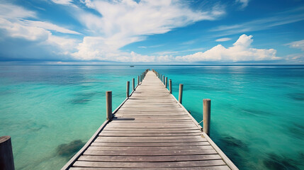 Fototapeta premium Wooden pier extending into the ocean, with a sunset on the horizon. Generative Ai