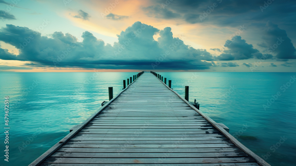 Poster Wooden pier extending into the ocean, with a sunset on the horizon. Generative Ai