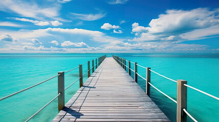 Obraz premium Wooden pier extending into the ocean, with a sunset on the horizon. Generative Ai